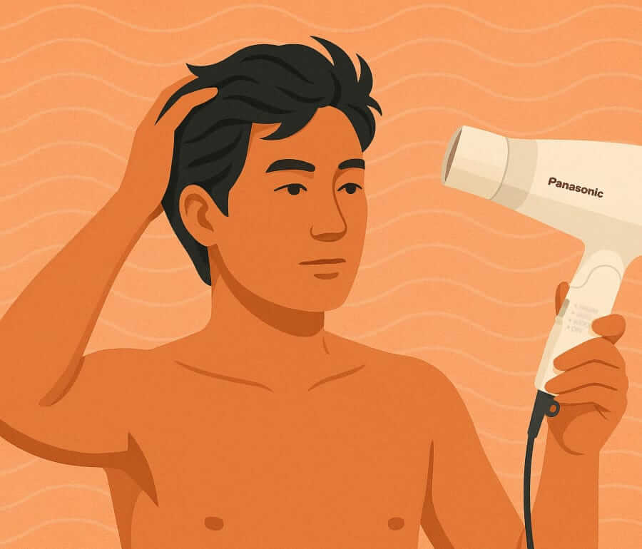Man blow drying hair illustration