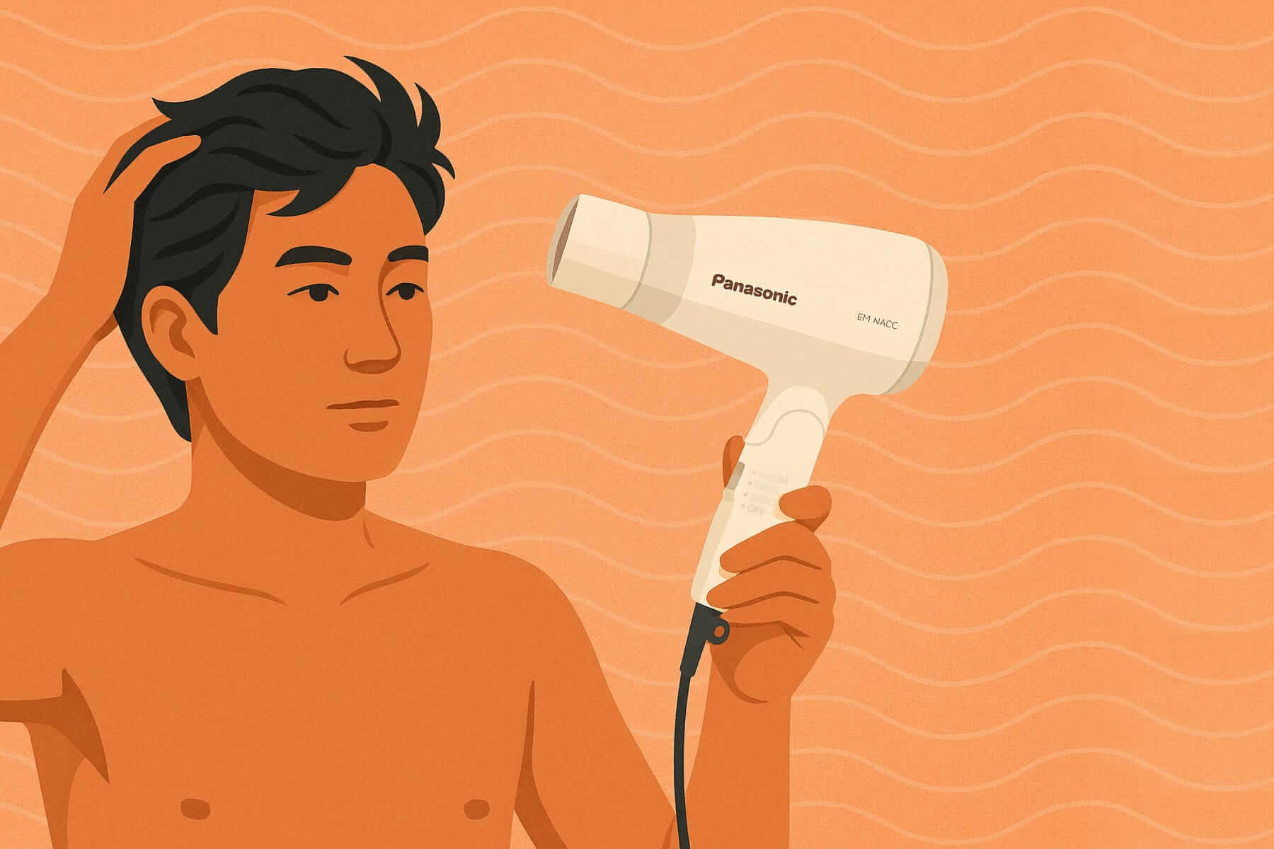 Man blow drying hair illustration