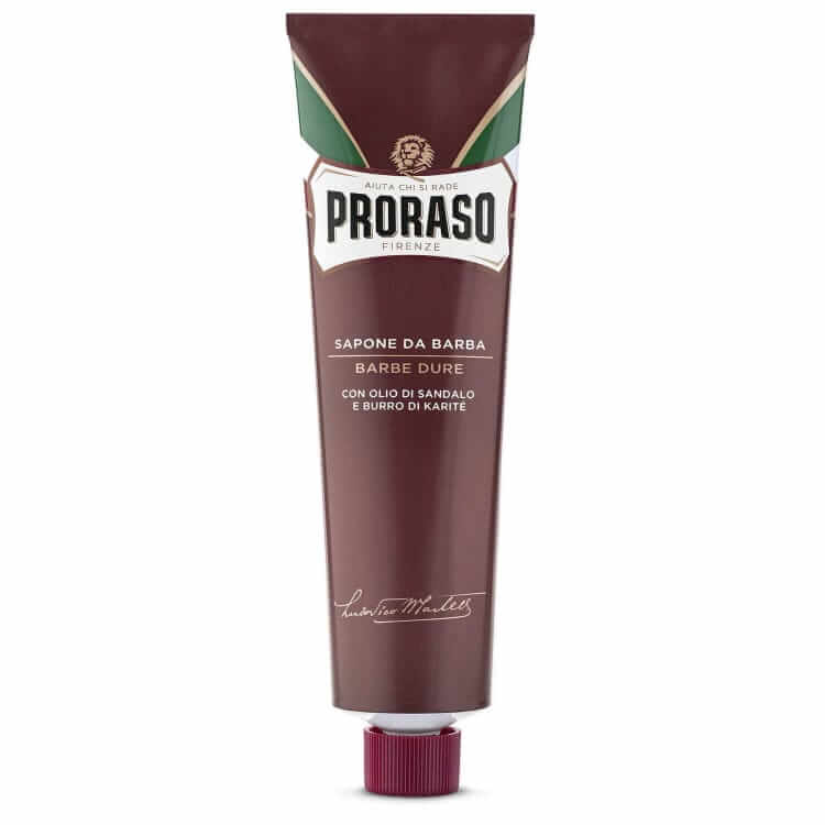 proraso shaving cream tube for coarse beards with sandalwood oil and shea butter