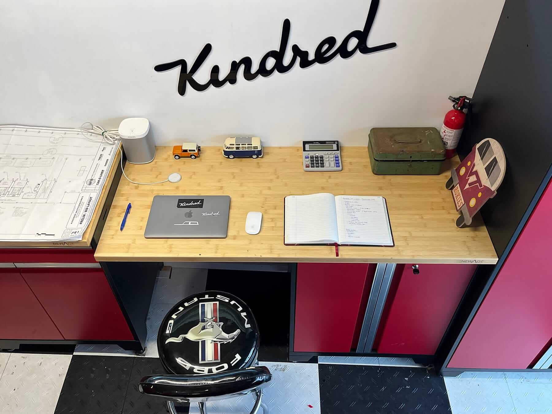 Work desk of Kindred Motorworks founder Rob Howard