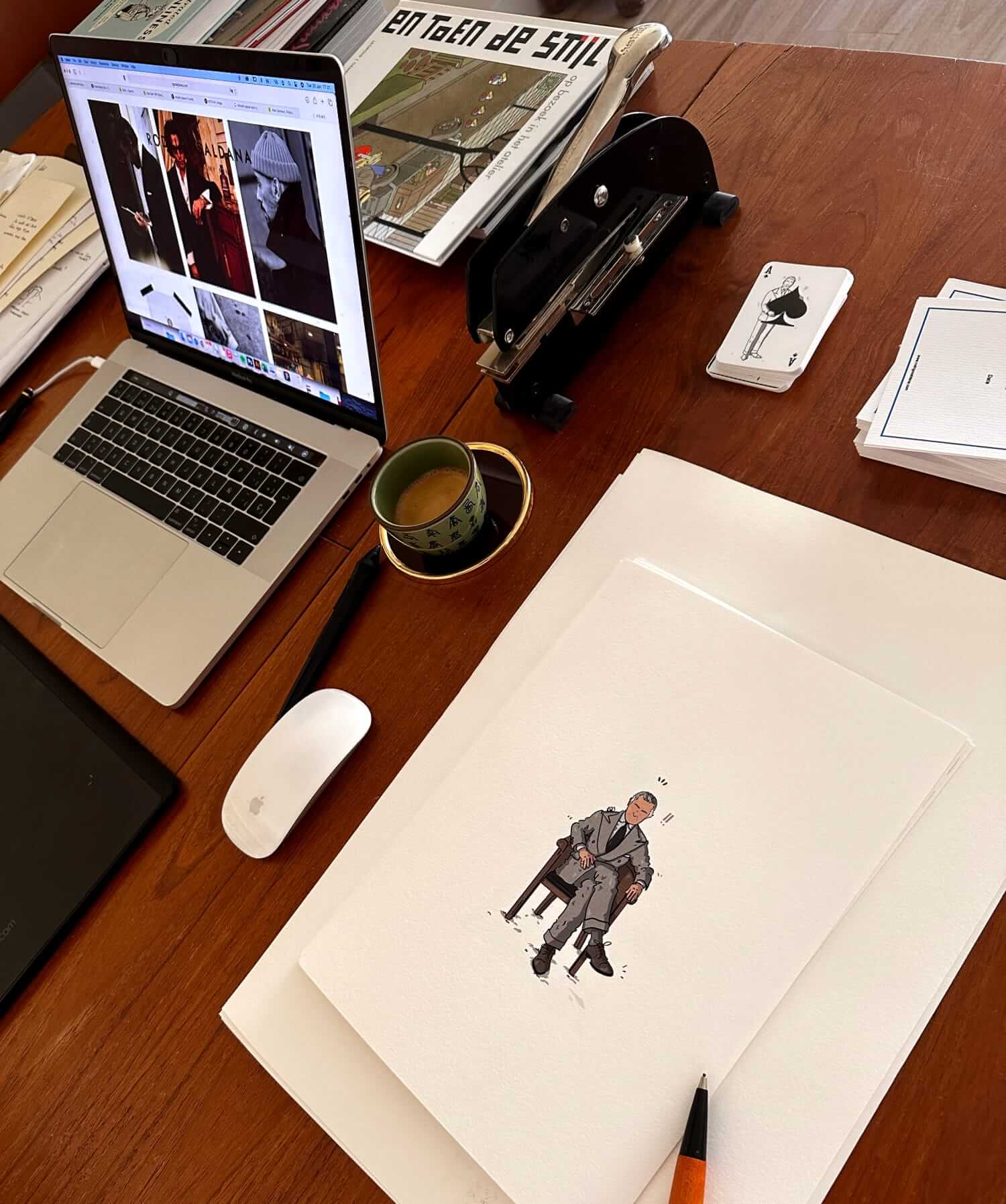 Work desk of Menswear illustrator and designer Rodrigo Saldana