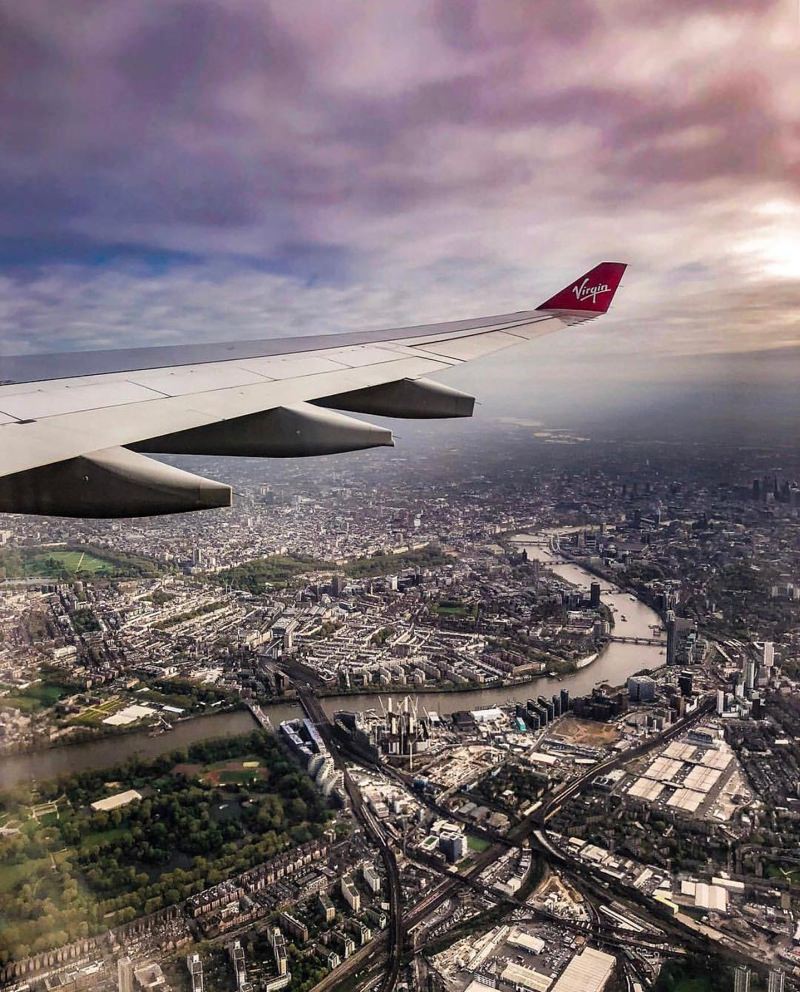 Virgin Atlantic plane flying over London, UK