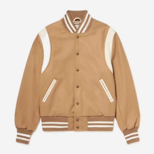 golden bear hayes leather panelled wool blend varsity jacket