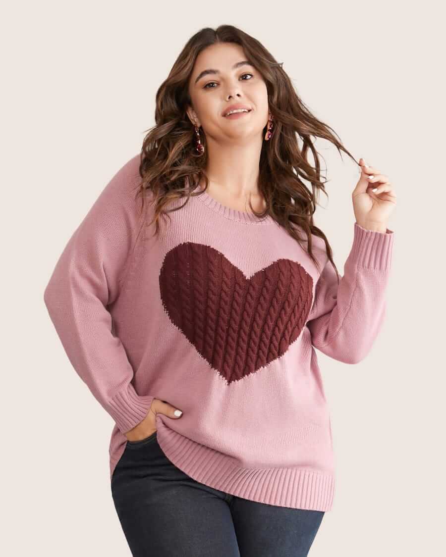 BloomChic Heart Cable Knit Raglan Sleeve Pullover
