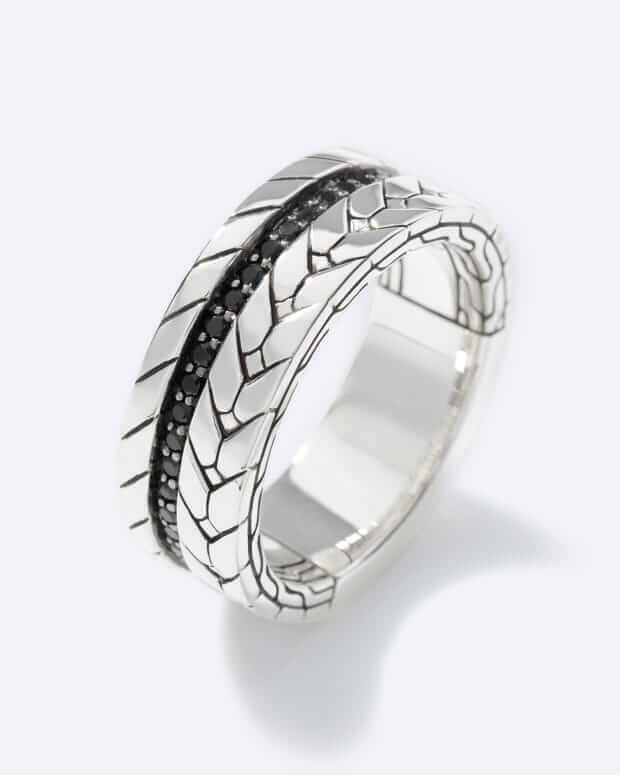 John Hardy Black Sapphire Sterling Silver Carved Chain Band Ring