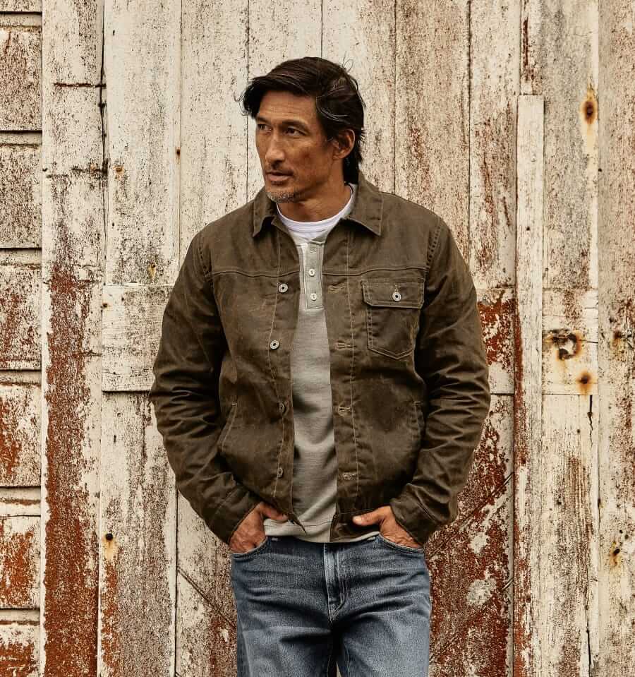 Flint and Tinder Flannel-lined waxed trucker jacket