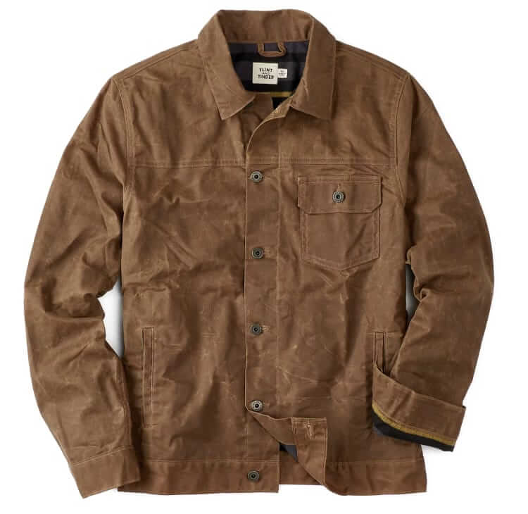 flint and tinder flannel-lined waxed trucker jacket