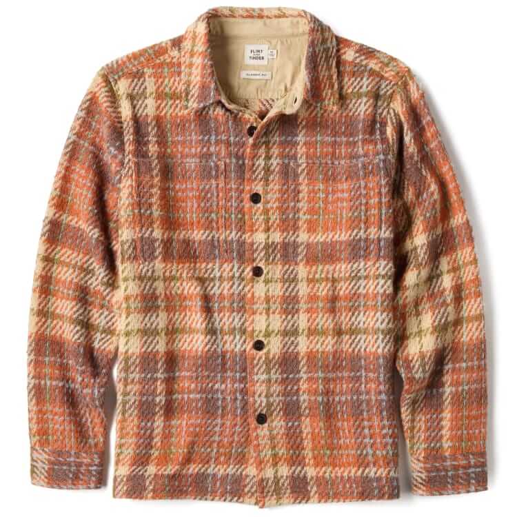 flint and tinder cabin flannel overshirt in maple natural plaid