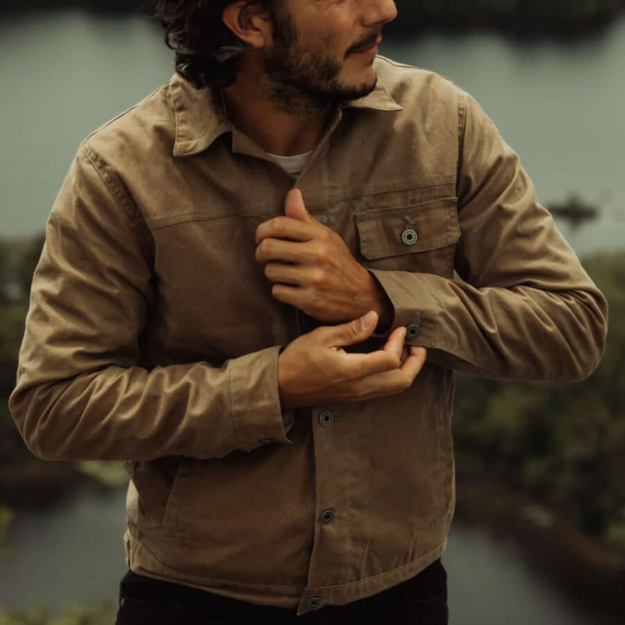Flint and Tinder flannel-lined waxed Trucker jacket on model