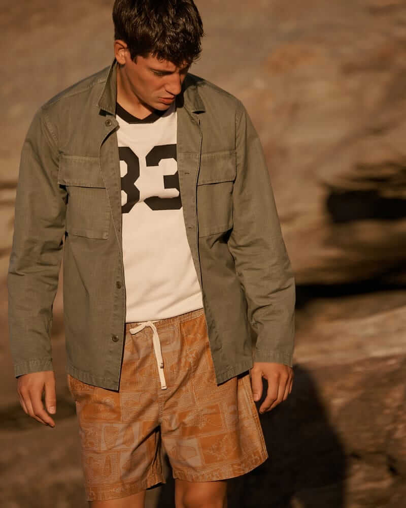 Wallace & Barnes garment-dyed overshirt on model