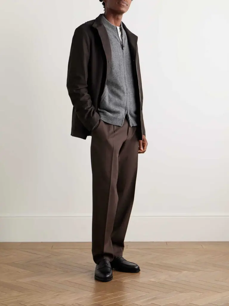 Canali wool and cashmere zip up cardigan on model