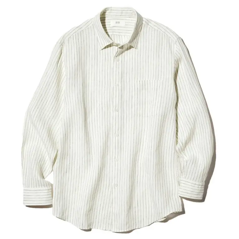 UNIQLO Men's Premium Linen Shirt Striped, Off White, Small
