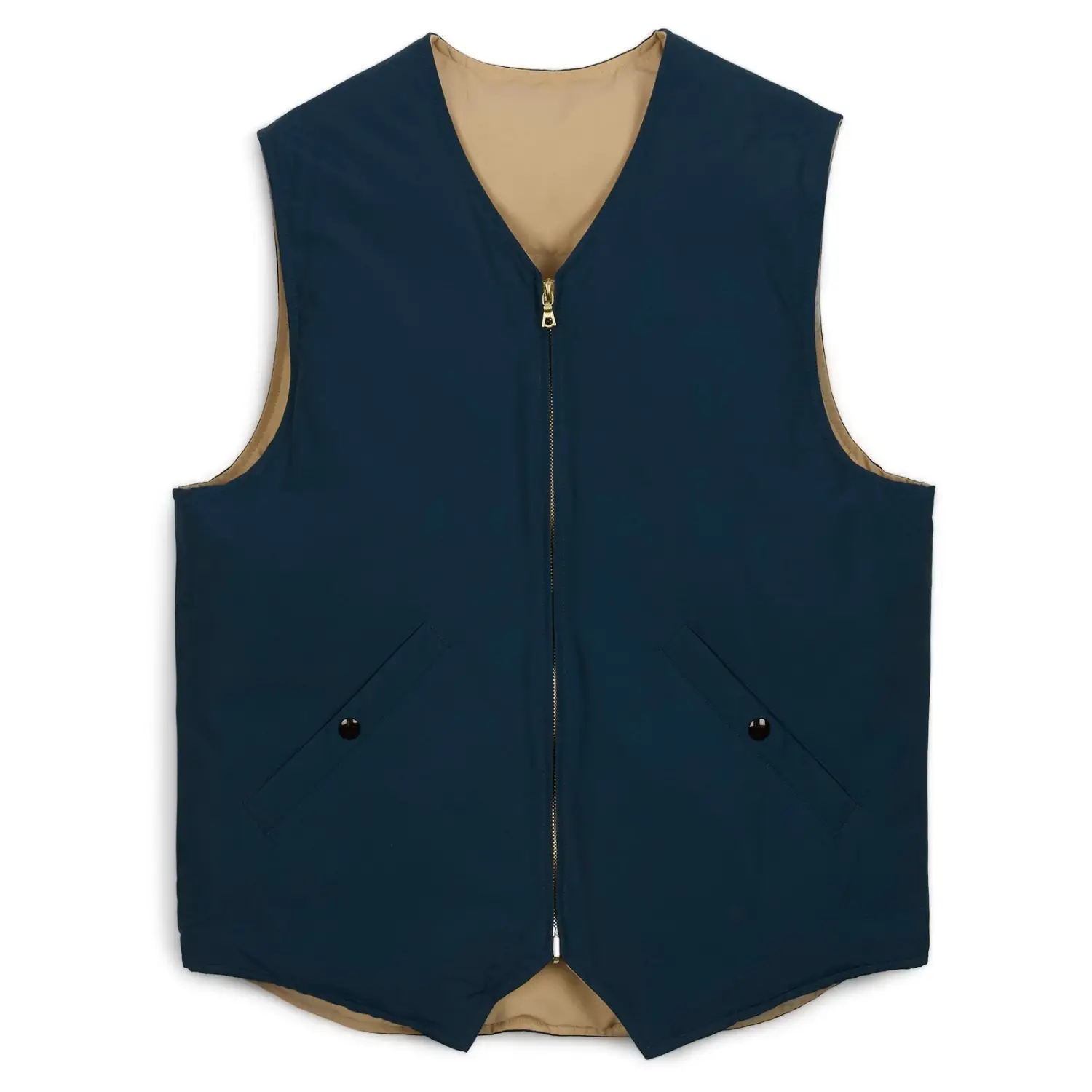 Drakes blue and ecru cotton nylon reversible down vest 1