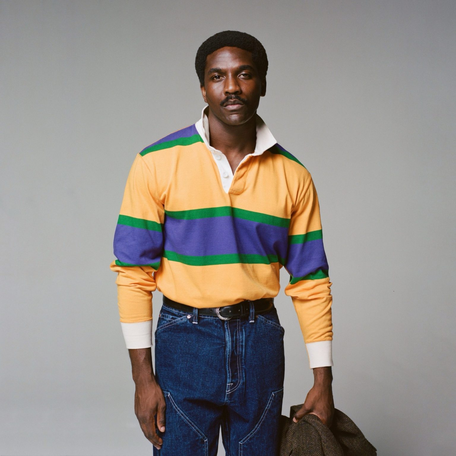 Drakes yellow purple and green multi stripe cotton rugby shirt 1