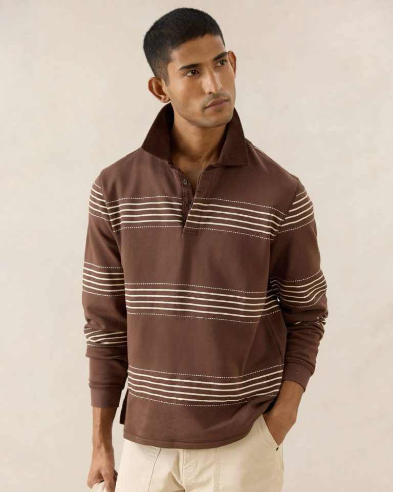 Editor Striped Rugby Polo Shirt | Cotton | Espresso
